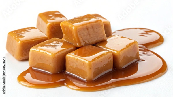 Fototapeta A professional food shot of glossy caramel squares with a flowing, amber-colored sauce.
