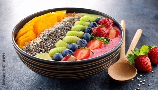 Fototapeta colorful smoothie bowl smoothie bowl topped with assorted fruits and chia seeds
