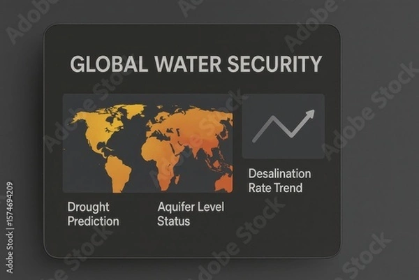 Fototapeta Global Water Security Dashboard Displaying Drought Prediction Map, Aquifer Level Status, and Desalination Trend Graph
