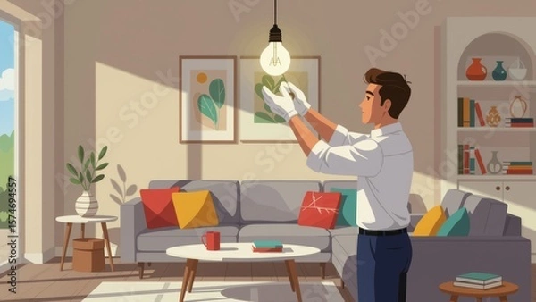 Obraz Man changing light bulb, replacement in modern living room, relaxed confident expression. Concept of man changing light bulb, bright airy space with cozy decor.
