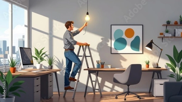 Obraz Man changing light bulb, replacement in office setting. Concept of man changing light bulb in bright room, cityscape view, creating atmosphere of positivity and productivity.