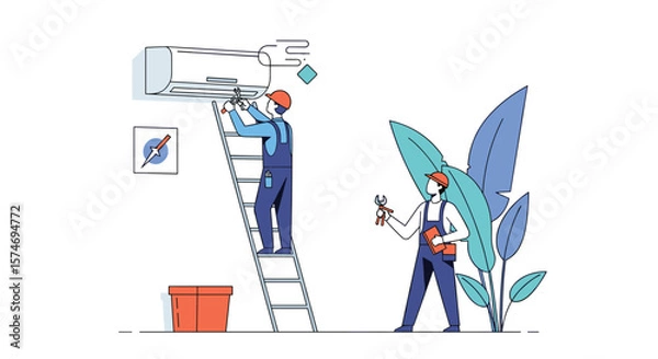 Obraz Skilled technicians meticulously install and repair a modern air conditioning unit ensuring optimal home climate control and comfort for residents