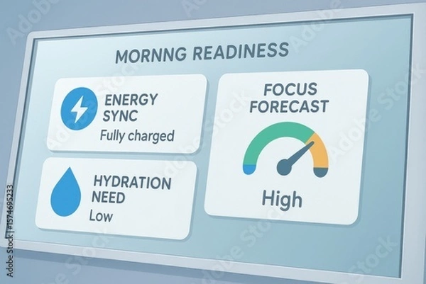 Fototapeta Morning Readiness Dashboard Displaying Energy Sync Level, Hydration Need Indicator, and Focus Forecast Gauge
