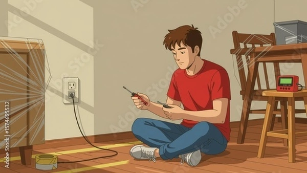 Obraz Man fixing electrical socket, safety tools scattered on floor. Concept of man fixing electrical socket, focused on ensuring safety while working with electrical components.