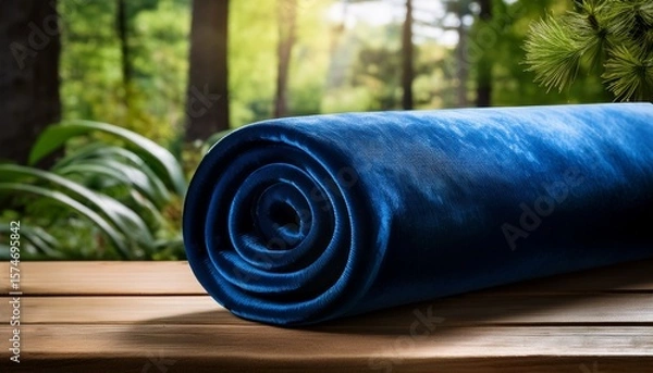Fototapeta luxurious deep blue velvet fabric rolled into a spiral shape on a wooden surface surrounded by nature in a serene outdoor setting