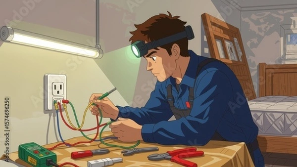Obraz Man fixing electrical socket safely, focused on task with headlamp, screwdriver in hand. Concept of man fixing electrical socket, highlighting importance of safety in electrical work.