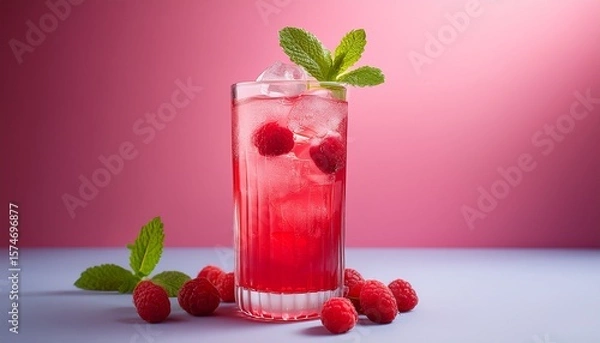 Fototapeta refreshing raspberry drink with ice and mint in a tall glass against a pink background