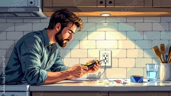 Obraz Man fixing electrical socket, safety focus evident. Concept of man fixing electrical socket in warm kitchen, emphasizes DIY skills and home maintenance safety.