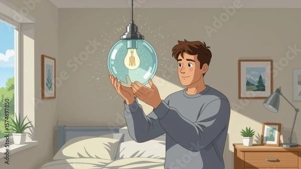 Obraz Young man fixing light fixture, holding bulb, playful expression, warm lighting. Concept of man fixing light fixture with maintenance focus in cozy bedroom setting.
