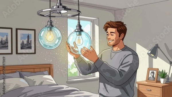 Obraz Man fixing light fixture, holding two lightbulbs, one glowing, in modern bedroom with cozy atmosphere. Concept of man fixing light fixture with maintenance focus.