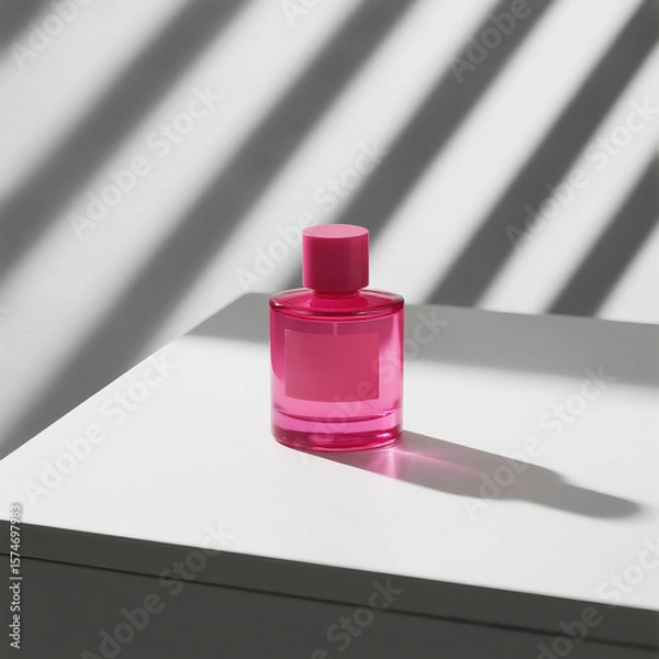 Fototapeta Minimal Neon Pink Perfume Bottle on White Table with Clean Aesthetic