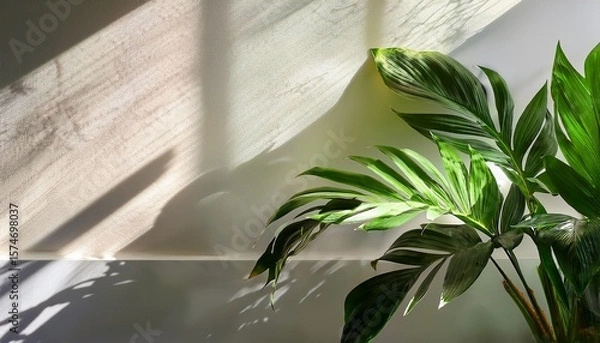 Fototapeta sunlight casts leafy shadows on a wall beside a vibrant green plant