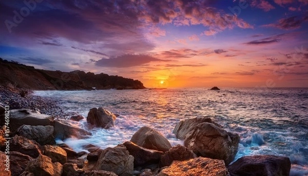 Fototapeta sunset over rocky coastline creates serene atmosphere and colorful sky at the ocean s edge in early evening