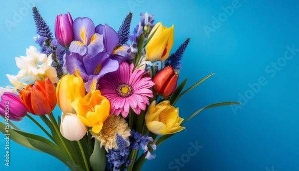 Fototapeta vibrant floral bouquet featuring colorful tulips irises and chrysanthemums against a bright blue background