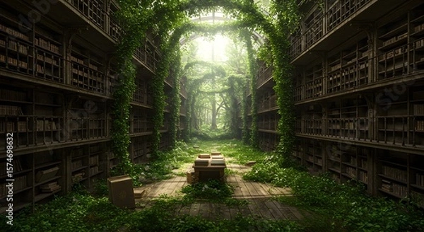 Obraz Overgrown Library Sanctuary of Ancient Knowledge and Verdant Nature