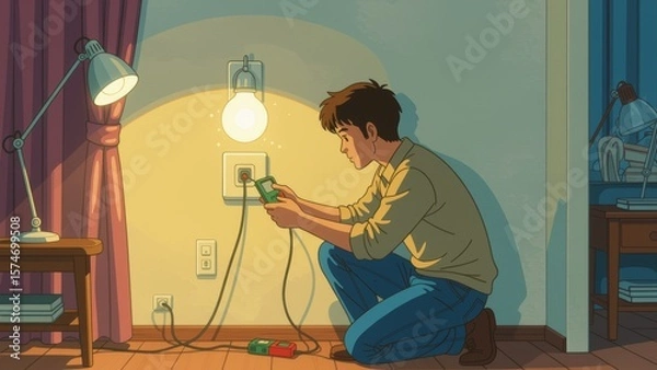 Obraz Man fixing light fixture, holding green black device, focused on maintenance task. Concept of man fixing light fixture in cozy dimly lit room with warm yellow light.