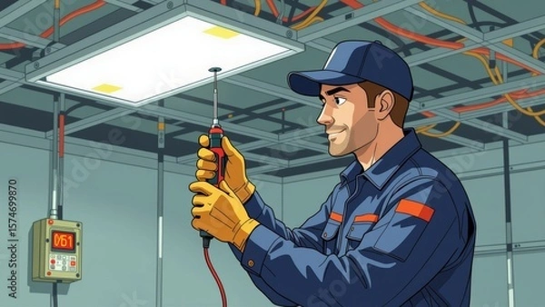 Obraz Man fixing light fixture with screwdriver, focused expression, in industrial setting. Concept of man fixing light fixture emphasizes maintenance tasks in bright, warm atmosphere.