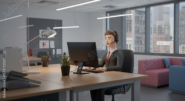 Fototapeta Cartoon Man with Headset Working on Computer in Office