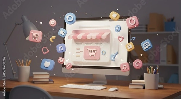 Fototapeta Online shop concept with 3D rendering icons