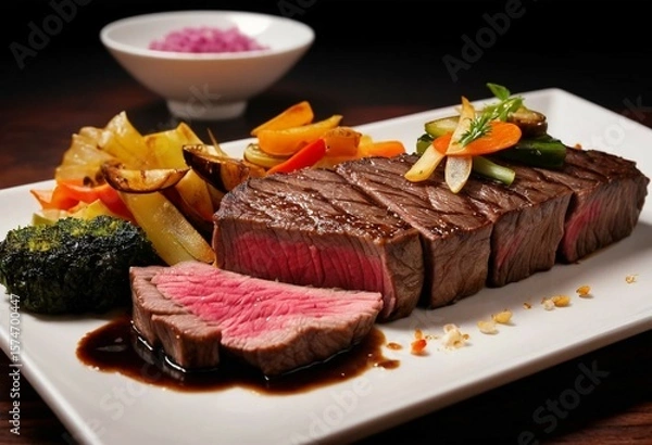 Obraz Grilled Steak with Roasted Vegetables on White Plate