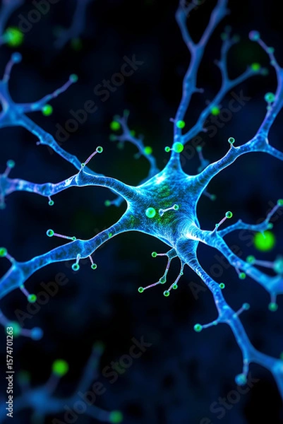 Obraz "Cells Speak in a Chemical Sign Language"
4D (16:9) microscope of cellular communication: Calcium waves (blue) form signaling patterns, and neurotransmitter letters (green) float between synapses.