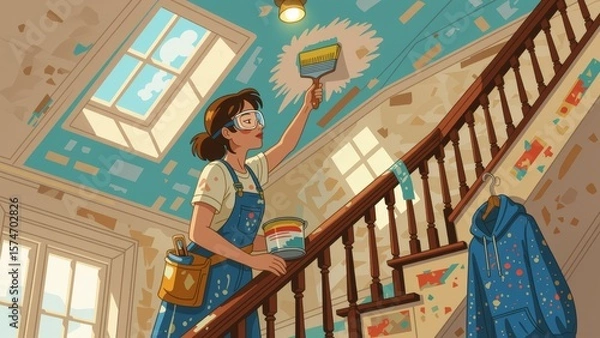 Obraz Person painting ceiling, decorating with paintbrush in hand, determined expression. Concept of person painting ceiling, showcasing vibrant colors and cartoonish style.