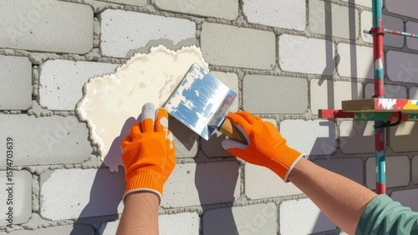 Obraz Person plastering wall with cement, using trowel and paintbrush, engaged in surface work. Concept of person plastering wall with cement, focusing on construction and repair. 