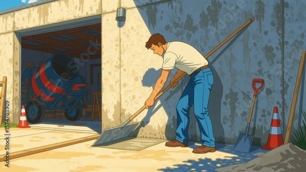 Obraz Person plastering wall with cement, surface work in outdoor setting. Concept of person plastering wall with cement highlights construction, tools, sunny atmosphere, vibrant scene.