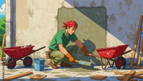 Obraz Person plastering wall with cement, surface work, using trowel with focused expression. Concept of person plastering wall with cement in vibrant retro style outdoors.
