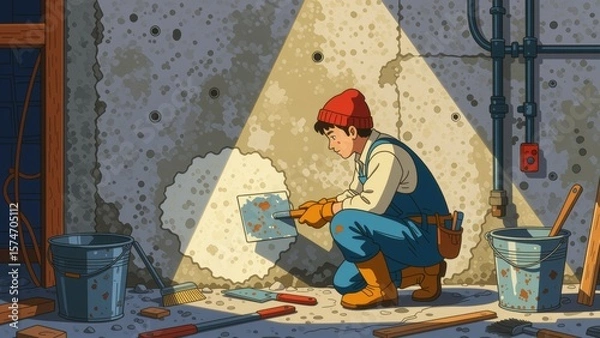 Obraz Person plastering wall with cement, surface work, kneeling on floor, focused expression. Concept of person plastering wall with cement, demonstrating skill in surface work.