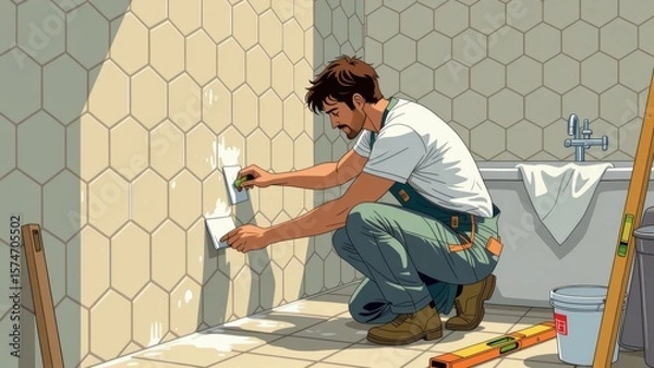 Obraz Person tiling bathroom walls, covering hexagonal pattern on wall, kneeling on tiled floor. Concept of person tiling bathroom walls with focus on task at hand.