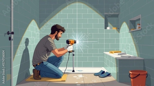 Obraz Person tiling bathroom walls, covering yellow mat with light blue tiles. Concept of person tiling bathroom walls, showcasing installation process with tools and vibrant colors.