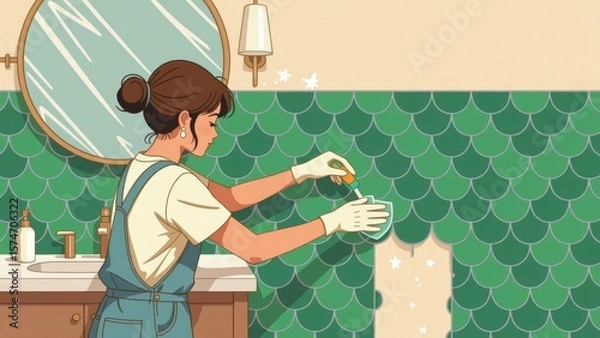 Obraz Person tiling bathroom walls, covering green fish scale pattern. Concept of person tiling bathroom walls, creating fresh look with vibrant colors and cozy atmosphere.