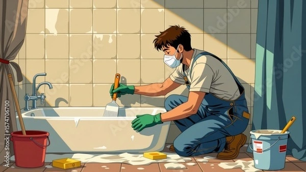 Obraz Person tiling bathroom walls, covering surfaces with tiles. Concept of person tiling bathroom walls, showcasing renovation work in bright, clean environment.