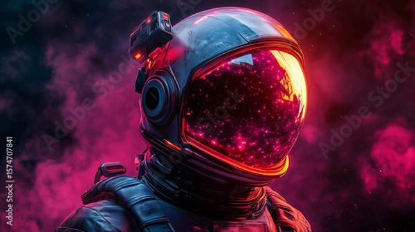 Obraz Astronaut in a vibrant cosmic environment exploring the universe with a glowing helmet and colorful nebulae