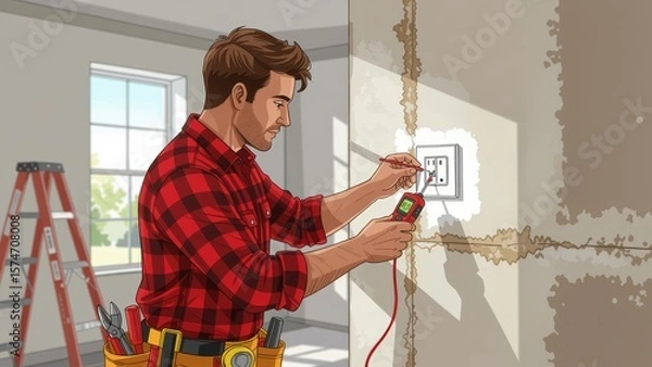 Obraz Person wiring switc, focused on electrical work, using multimeter on outlet. Concept of person wiring switc emphasizes importance of safety in electrical work environment.
