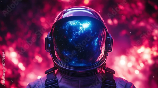 Obraz Exploring the cosmos with a reflective astronaut helmet surrounded by a vibrant, colorful nebula in deep space
