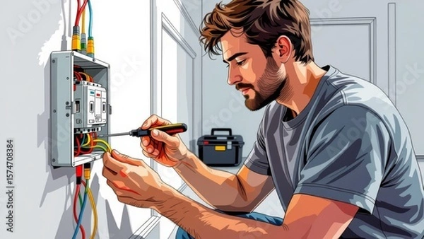 Obraz Person wiring switc with focus on electrical work, using screwdriver on electrical panel. Concept of person wiring switc highlights skills in electrical maintenance and repair.