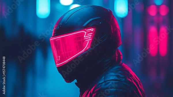 Obraz Futuristic motorcyclist in neon-lit urban environment at night with glowing helmet