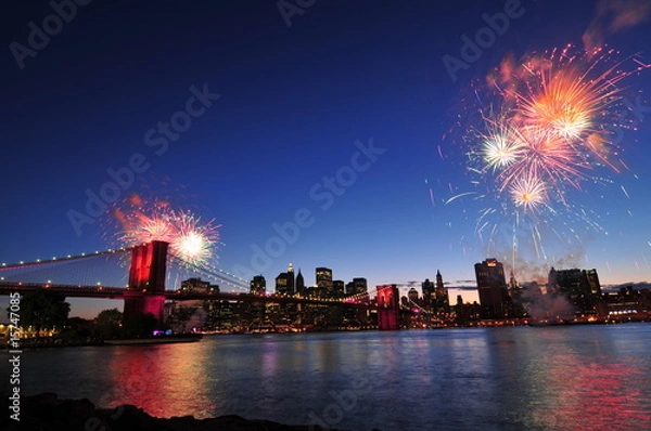 Obraz Brooklyn bridge and Fireworks.