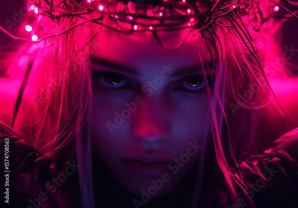 Obraz Portrait featuring a model with intense gaze surrounded by vibrant pink lights at a moody studio setting
