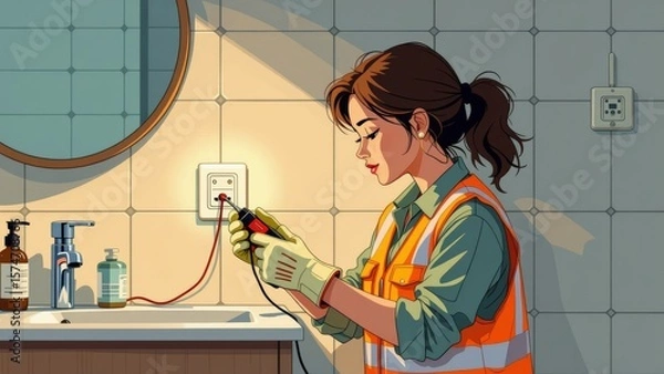 Obraz Person wiring switc with multimeter in bathroom setting, focused on voltage measurement, engaged in electrical work. Concept of person wiring switc showcasing skills in electrical work.