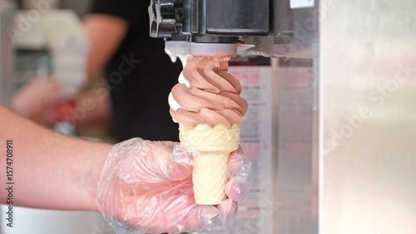 Fototapeta Delicious Sweet Soft Serve Swirl Ice Cream Mixed Chocolate Vanilla Cream Flavour Prepared using Specialized Cooling Machine