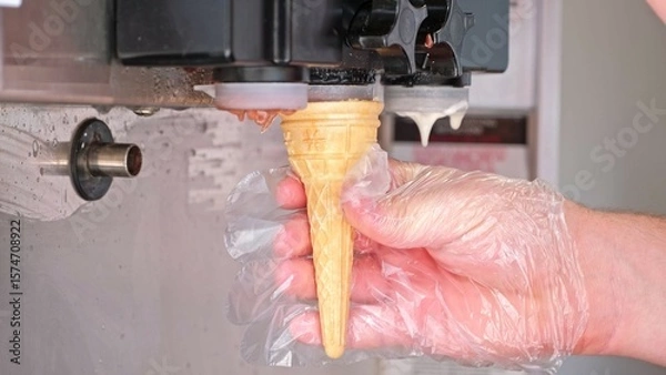 Fototapeta Delicious Sweet Soft Serve Swirl Ice Cream Mixed Chocolate Vanilla Cream Flavour Prepared using Specialized Cooling Machine