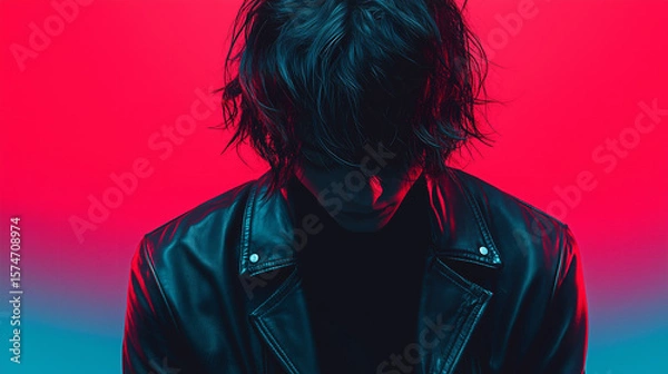 Obraz Young person in leather jacket under dramatic lighting, capturing an introspective moment in a creative setting