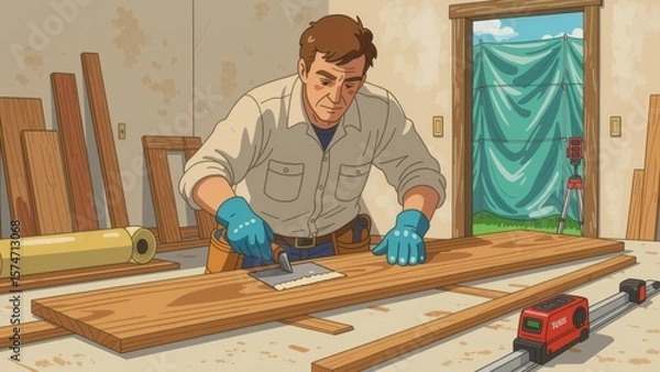 Obraz Worker installing hardwood flooring, focused, using trowel in cluttered workshop with natural elements. Concept of worker installing hardwood flooring, showcasing craftsmanship and determination.