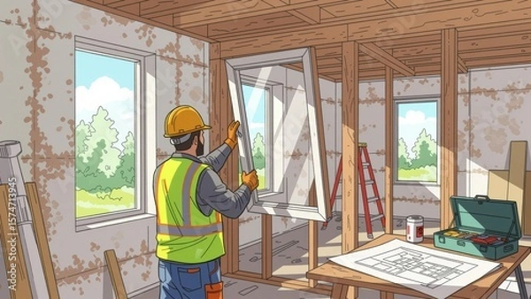 Obraz Worker installing new window with insulation in room under construction, holding measuring tape. Concept of worker installing new window in active construction site environment.