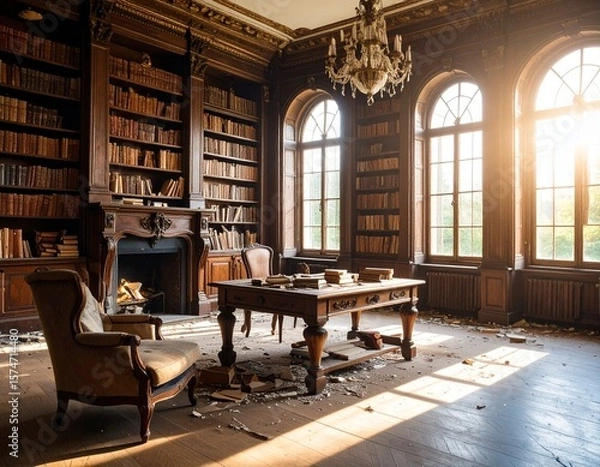 Obraz Generated image - abandoned victorian style library room, empty