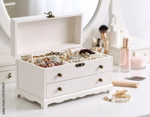 Fototapeta Generated image of an elegant white wooden jewelry box full of jewelry, on top of the vanity table, in the background mirror and make-up tools