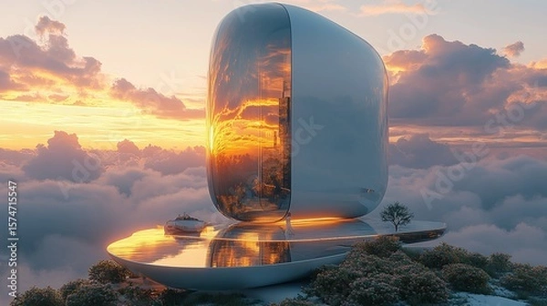 Fototapeta Modern Oval Structure on a Cloudy Mountain at Sunset